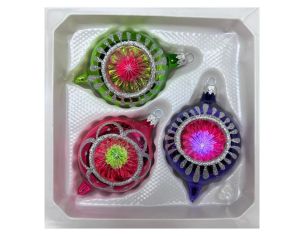 Coffret 3 gouttes de Noël verre soufflé peint à la main vert rose bleu marine motifs Ø7cm H10cm