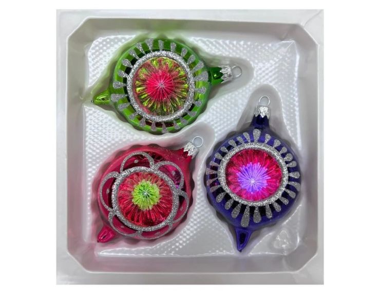 Coffret 3 gouttes de Noël verre soufflé peint à la main vert rose bleu marine motifs Ø7cm H10cm