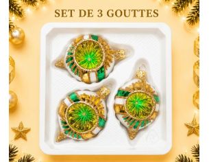 Coffret 3 gouttes de Noël verre soufflé peint à la main blanc rayures vertes et dorées l Ø7cm H10cm