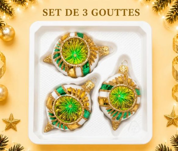 Coffret 3 gouttes de Noël verre soufflé peint à la main blanc rayures vertes et dorées l Ø7cm H10cm