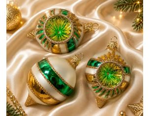 Coffret 3 gouttes de Noël verre soufflé peint à la main blanc rayures vertes et dorées l Ø7cm H10cm