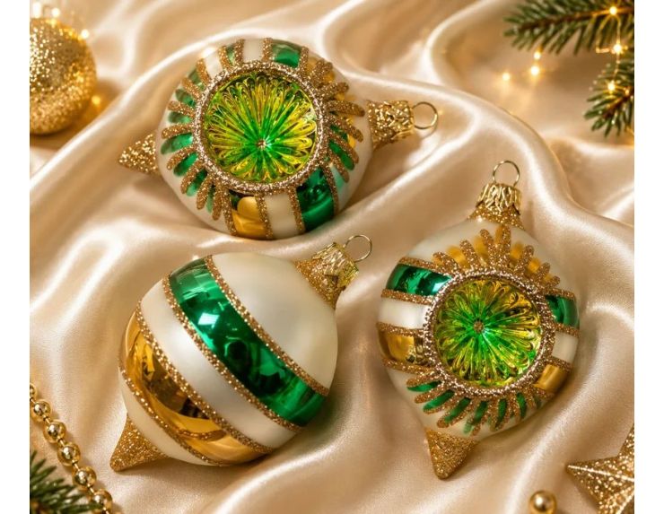 Coffret 3 gouttes de Noël verre soufflé peint à la main blanc rayures vertes et dorées l Ø7cm H10cm