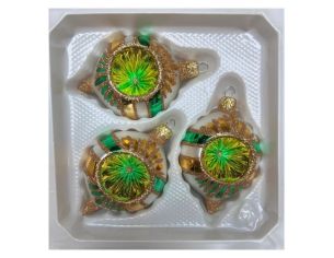 Coffret 3 gouttes de Noël verre soufflé peint à la main blanc rayures vertes et dorées l Ø7cm H10cm
