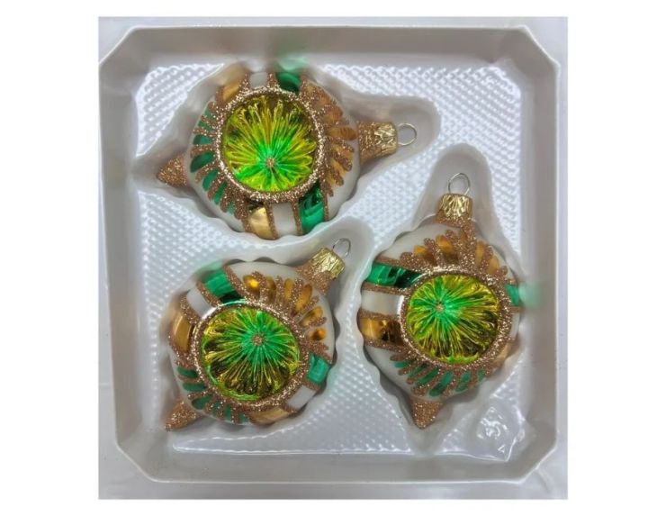 Coffret 3 gouttes de Noël verre soufflé peint à la main blanc rayures vertes et dorées l Ø7cm H10cm