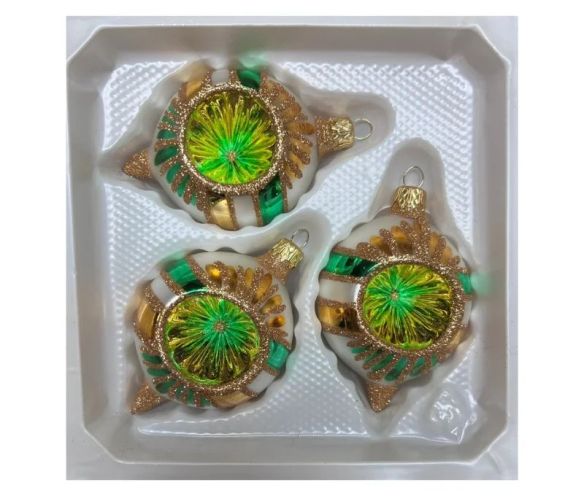Coffret 3 gouttes de Noël verre soufflé peint à la main blanc rayures vertes et dorées l Ø7cm H10cm