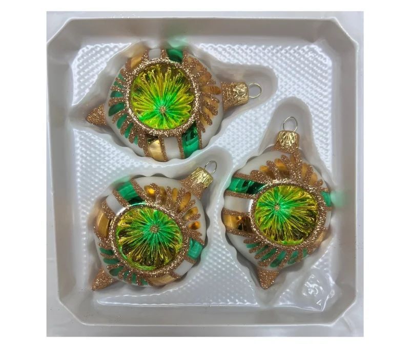 Coffret 3 gouttes de Noël verre soufflé peint à la main blanc rayures vertes et dorées l Ø7cm H10cm
