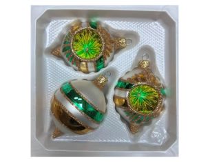 Coffret 3 gouttes de Noël verre soufflé peint à la main blanc rayures vertes et dorées l Ø7cm H10cm
