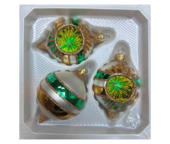 Coffret 3 gouttes de Noël verre soufflé peint à la main blanc rayures vertes et dorées l Ø7cm H10cm