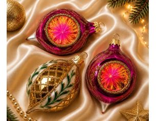 Coffret 3 gouttes de Noël verre soufflé peint à la main deux gouttes fuchsia bordure  Ø7cm H10cm
