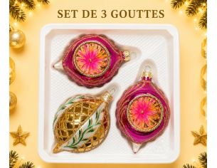 Coffret 3 gouttes de Noël verre soufflé peint à la main deux gouttes fuchsia bordure  Ø7cm H10cm