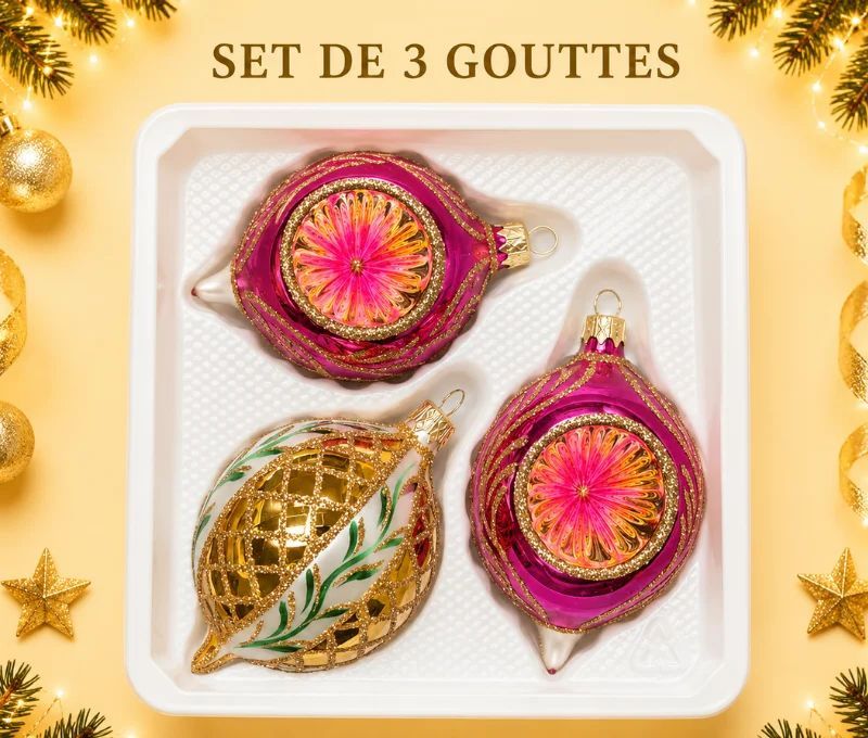 Coffret 3 gouttes de Noël verre soufflé peint à la main deux gouttes fuchsia bordure  Ø7cm H10cm