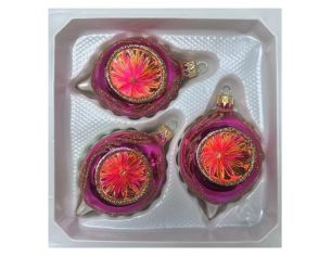 Coffret 3 gouttes de Noël verre soufflé peint à la main deux gouttes fuchsia bordure  Ø7cm H10cm