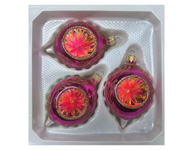 Coffret 3 gouttes de Noël verre soufflé peint à la main deux gouttes fuchsia bordure  Ø7cm H10cm