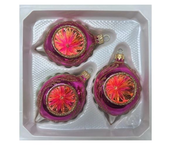 Coffret 3 gouttes de Noël verre soufflé peint à la main deux gouttes fuchsia bordure  Ø7cm H10cm