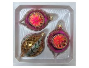 Coffret 3 gouttes de Noël verre soufflé peint à la main deux gouttes fuchsia bordure  Ø7cm H10cm