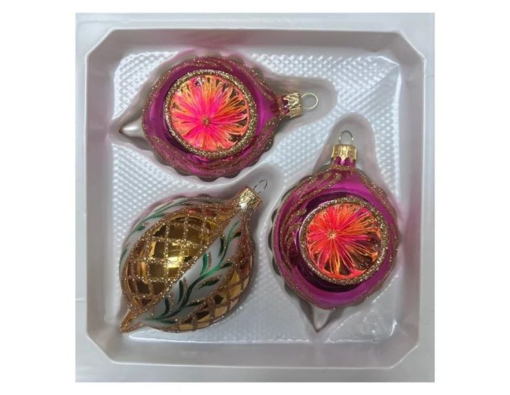 Coffret 3 gouttes de Noël verre soufflé peint à la main deux gouttes fuchsia bordure  Ø7cm H10cm