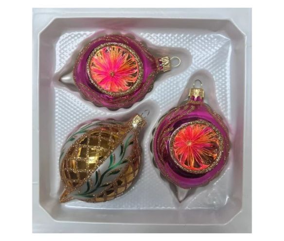 Coffret 3 gouttes de Noël verre soufflé peint à la main deux gouttes fuchsia bordure  Ø7cm H10cm