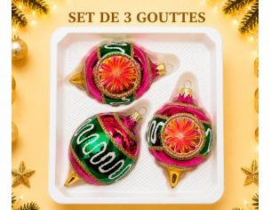 Coffret 3 gouttes de Noël verre soufflé peint à la main deux gouttes vert rose bordure  Ø7cm H10cm