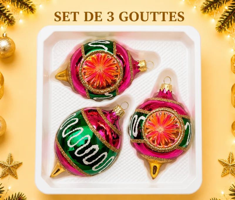 Coffret 3 gouttes de Noël verre soufflé peint à la main deux gouttes vert rose bordure  Ø7cm H10cm