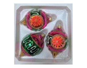 Coffret 3 gouttes de Noël verre soufflé peint à la main deux gouttes vert rose bordure  Ø7cm H10cm