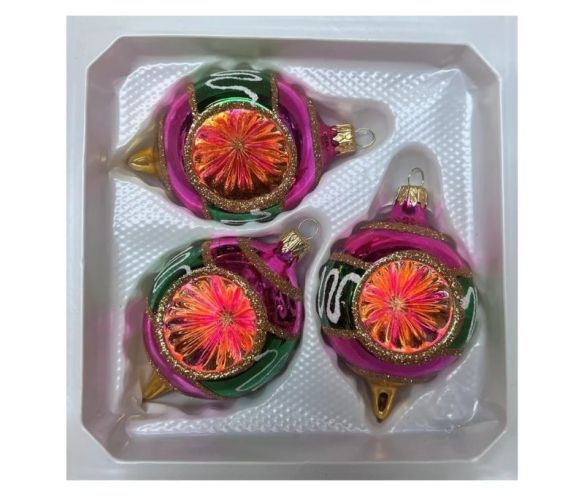 Coffret 3 gouttes de Noël verre soufflé peint à la main deux gouttes vert rose bordure  Ø7cm H10cm