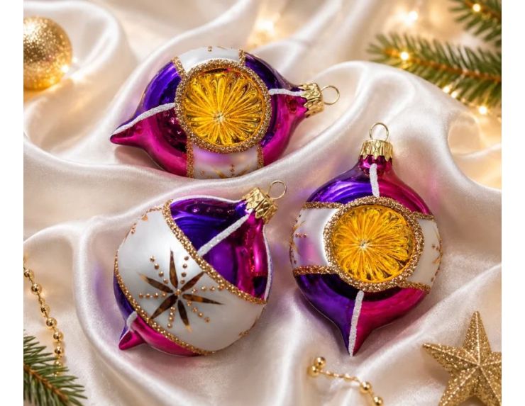 Coffret 3 gouttes de Noël verre soufflé peint à la main deux gouttes violet fuchsia 7cm