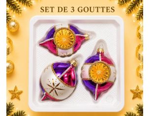 Coffret 3 gouttes de Noël verre soufflé peint à la main deux gouttes violet fuchsia 7cm