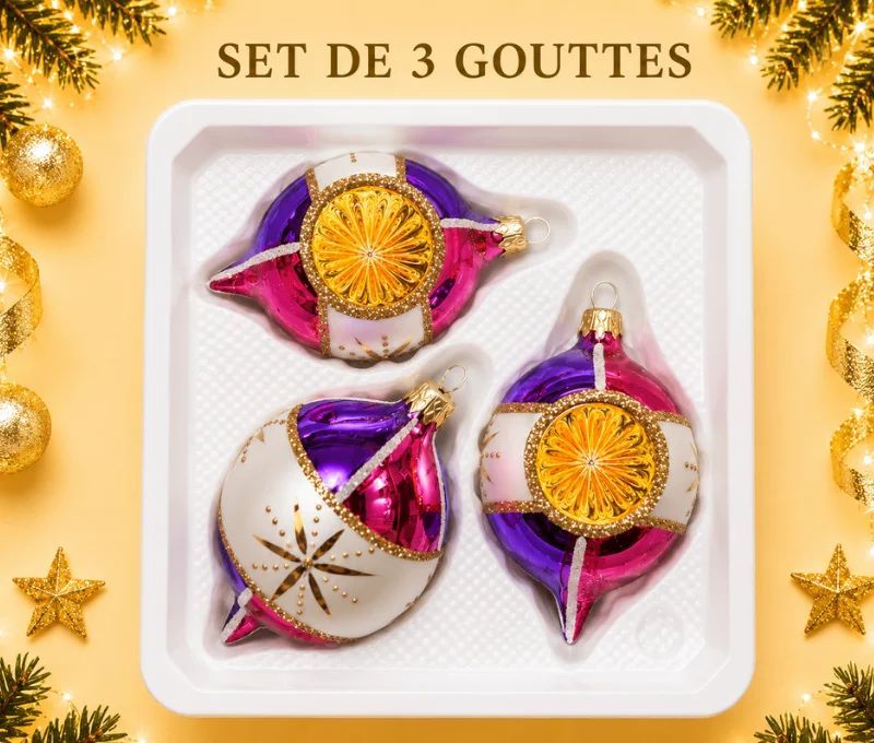 Coffret 3 gouttes de Noël verre soufflé peint à la main deux gouttes violet fuchsia 7cm