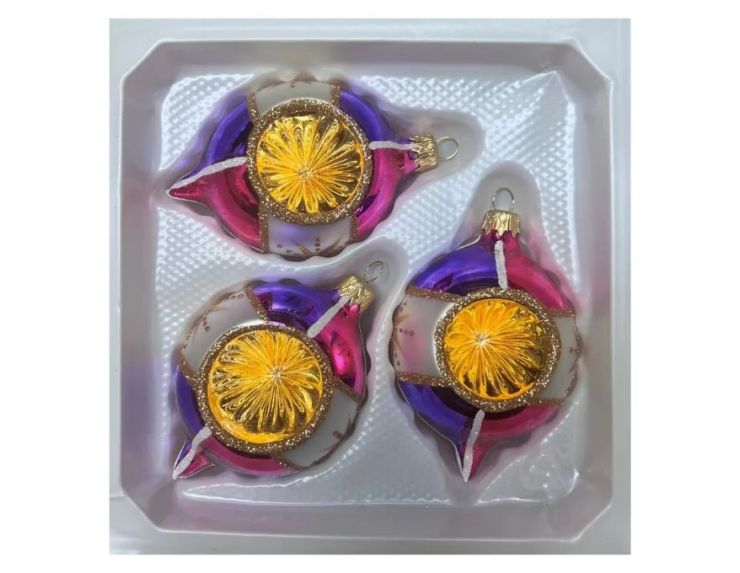 Coffret 3 gouttes de Noël verre soufflé peint à la main deux gouttes violet fuchsia 7cm
