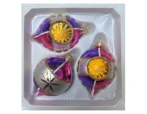 Coffret 3 gouttes de Noël verre soufflé peint à la main deux gouttes violet fuchsia 7cm