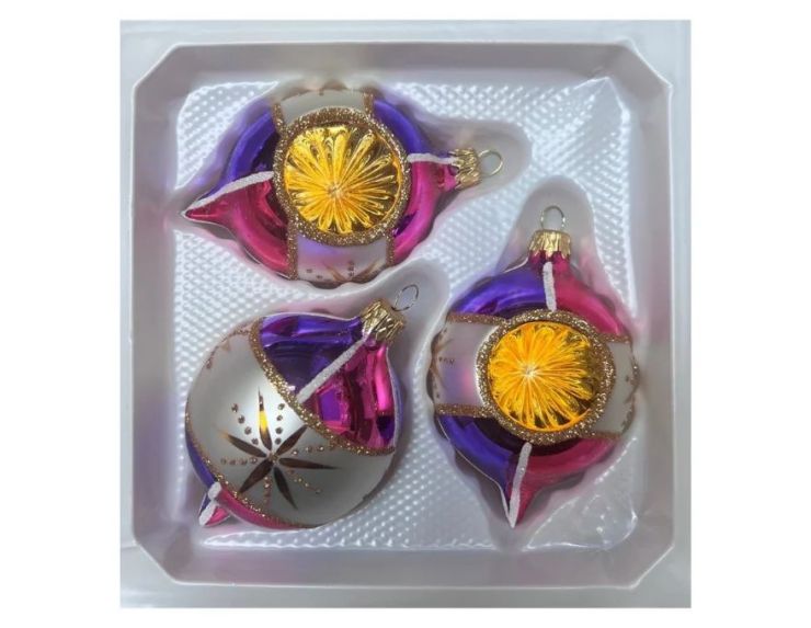 Coffret 3 gouttes de Noël verre soufflé peint à la main deux gouttes violet fuchsia 7cm