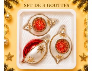 Coffret 3 gouttes de Noël verre soufflé peint à la main deux gouttes blanches bordure pailletée dorée réflecteur Ø7cm