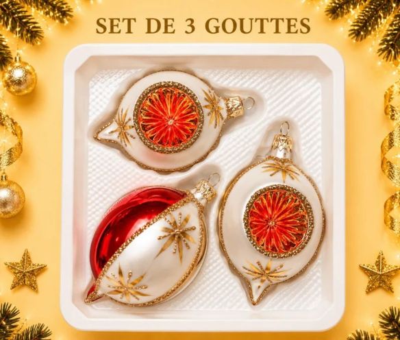 Coffret 3 gouttes de Noël verre soufflé peint à la main deux gouttes blanches bordure pailletée dorée réflecteur Ø7cm