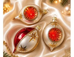 Coffret 3 gouttes de Noël verre soufflé peint à la main deux gouttes blanches bordure pailletée dorée réflecteur Ø7cm