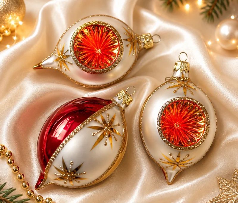 Coffret 3 gouttes de Noël verre soufflé peint à la main deux gouttes blanches bordure pailletée dorée réflecteur Ø7cm