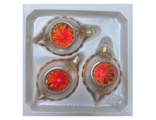 Coffret 3 gouttes de Noël verre soufflé peint à la main deux gouttes blanches bordure pailletée dorée réflecteur Ø7cm