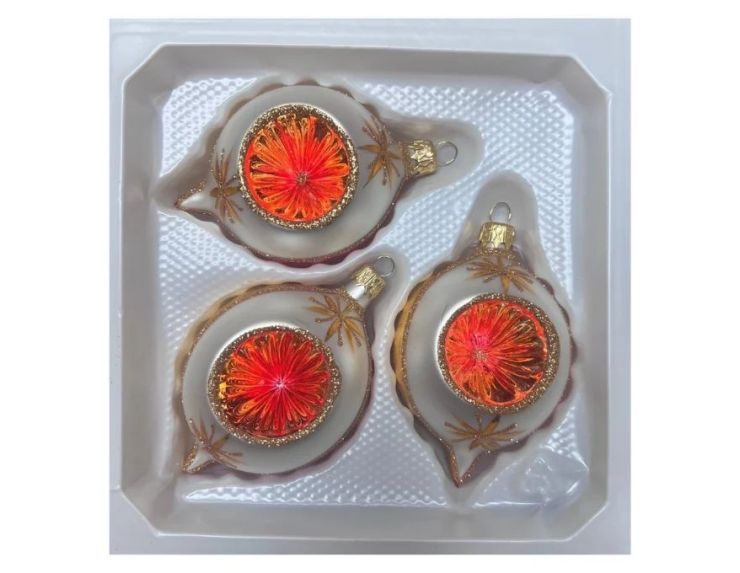 Coffret 3 gouttes de Noël verre soufflé peint à la main deux gouttes blanches bordure pailletée dorée réflecteur Ø7cm
