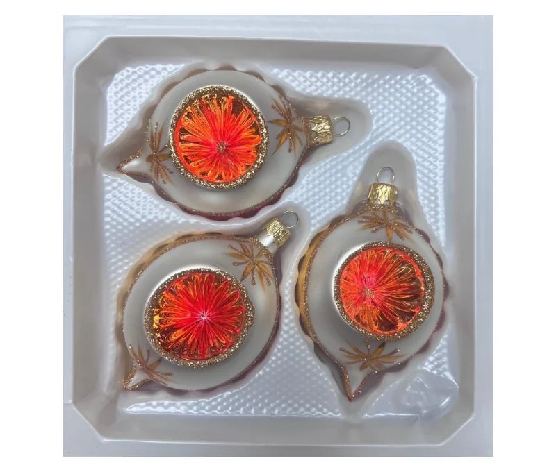 Coffret 3 gouttes de Noël verre soufflé peint à la main deux gouttes blanches bordure pailletée dorée réflecteur Ø7cm