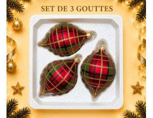 Coffret de 3 gouttes de Noël identiques en verre soufflé peint à la main, motif tartan rouge, Ø7cm, H10cm.