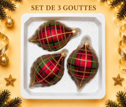 Coffret de 3 gouttes de Noël identiques en verre soufflé peint à la main, motif tartan rouge, Ø7cm, H10cm.