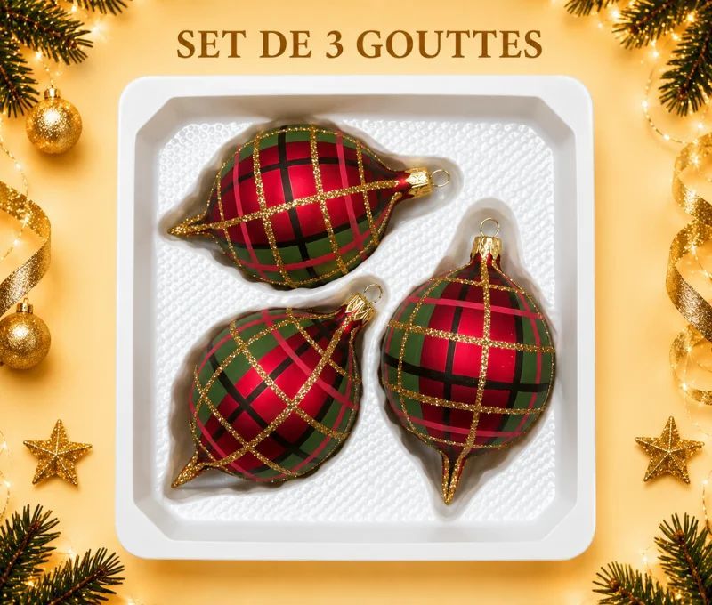 Coffret de 3 gouttes de Noël identiques en verre soufflé peint à la main, motif tartan rouge, Ø7cm, H10cm.