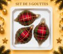 Voir la slide Coffret de 3 gouttes de Noël identiques en verre soufflé peint à la main, motif tartan rouge, Ø7cm, H10cm.