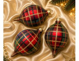 Coffret de 3 gouttes de Noël identiques en verre soufflé peint à la main, motif tartan rouge, Ø7cm, H10cm.