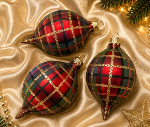 Coffret de 3 gouttes de Noël identiques en verre soufflé peint à la main, motif tartan rouge, Ø7cm, H10cm.