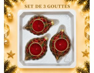 Coffret 3 gouttes de Noël verre soufflé peint à la main motif tartan rouge vert doré pailleté réflecteur central mat 7cm