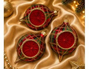 Coffret 3 gouttes de Noël verre soufflé peint à la main motif tartan rouge vert doré pailleté réflecteur central mat 7cm