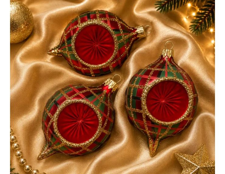 Coffret 3 gouttes de Noël verre soufflé peint à la main motif tartan rouge vert doré pailleté réflecteur central mat 7cm