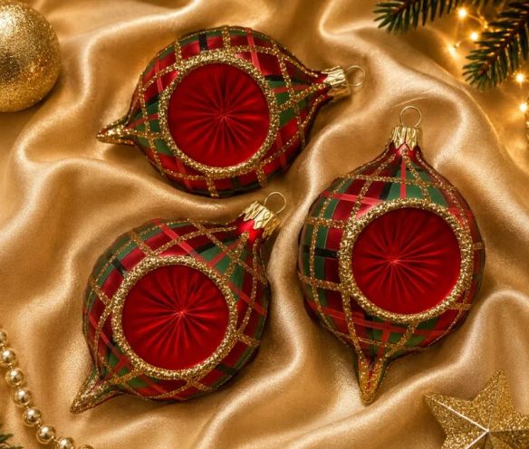 Coffret 3 gouttes de Noël verre soufflé peint à la main motif tartan rouge vert doré pailleté réflecteur central mat 7cm