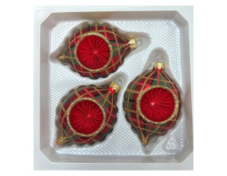 Coffret 3 gouttes de Noël verre soufflé peint à la main motif tartan rouge vert doré pailleté réflecteur central mat 7cm