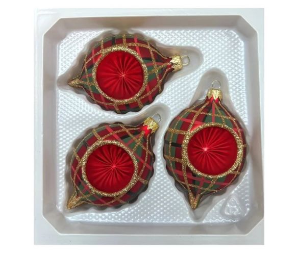 Coffret 3 gouttes de Noël verre soufflé peint à la main motif tartan rouge vert doré pailleté réflecteur central mat 7cm